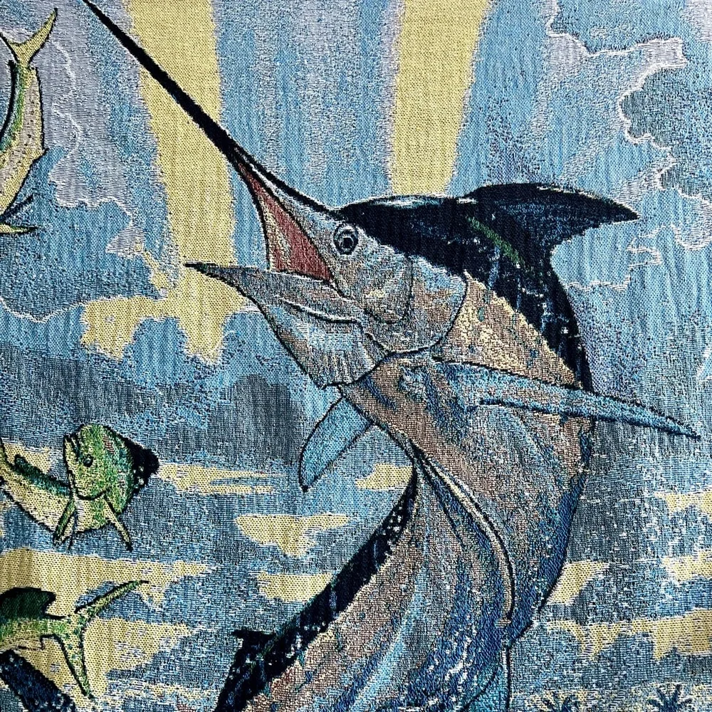 Vintage Guy Harvey Marlin Afghan Tapestry Fringed 48x68 Throw Blanket Rare VTG - Picture 2 of 6